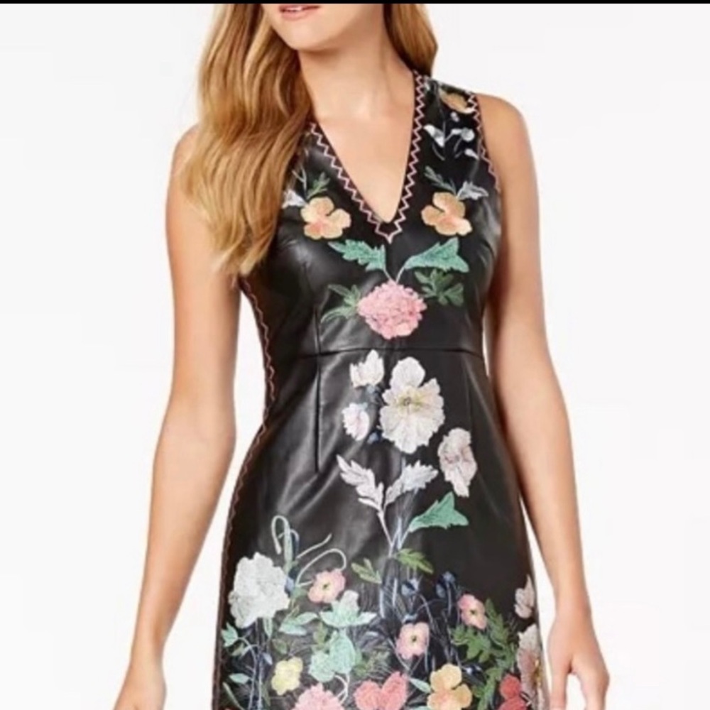 Foxie Dox Anthropologie Vegan Leather Floral Embroidered Dress, 12